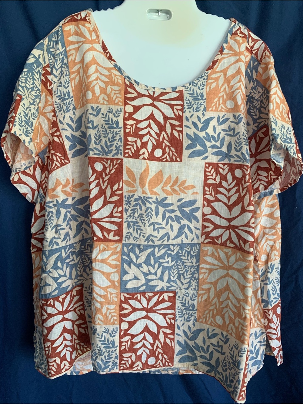 Sigrid Olsen size 2X Patchwork Look Leaf-Print Tunic in Rust, Blue & Cream